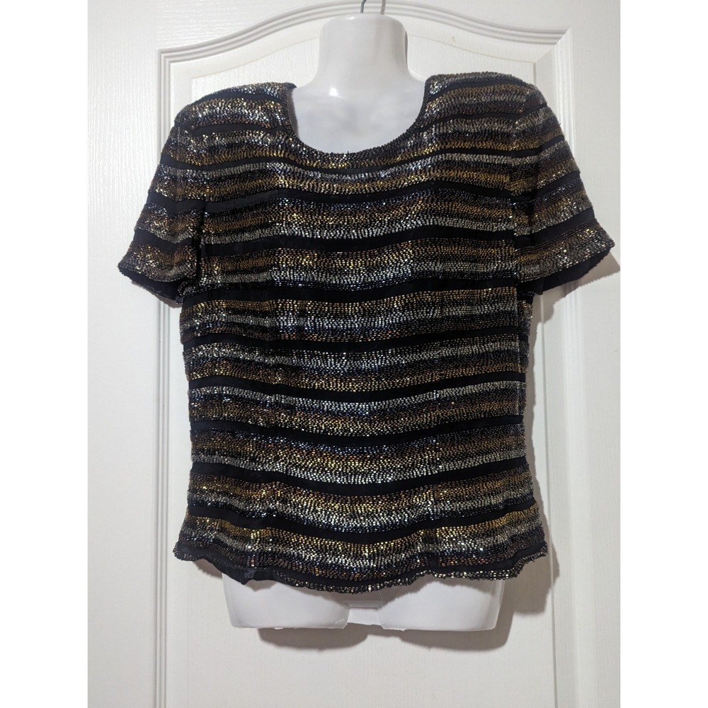 Vtg Y2K Adrianna Papell Evening Sequin Top Silk Beaded Med Striped Print Zip M